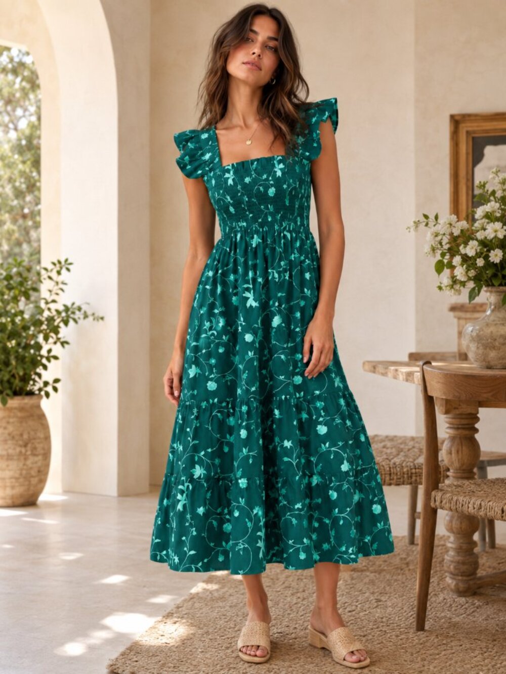 Hill House Ellie Nap Smocked Midi Dress in Green Botanical